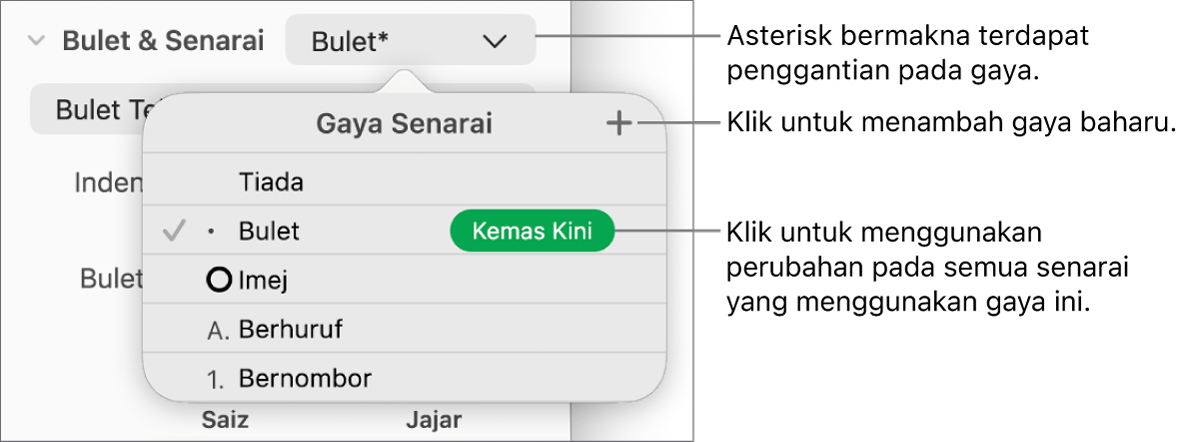 Menu timbul Gaya Senarai dengan asterisk yang menunjukkan penggantian, petak bual pada butang Gaya Baharu dan submenu pilihan untuk menguruskan gaya.