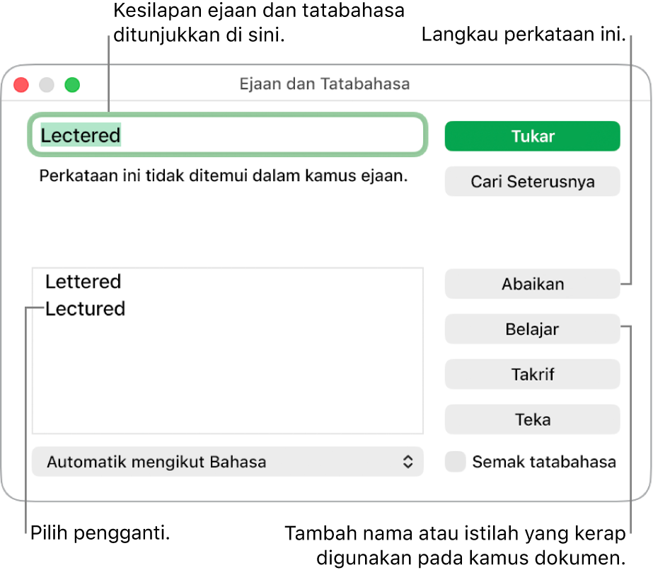 Tetingkap Ejaan dan Tatabahasa.