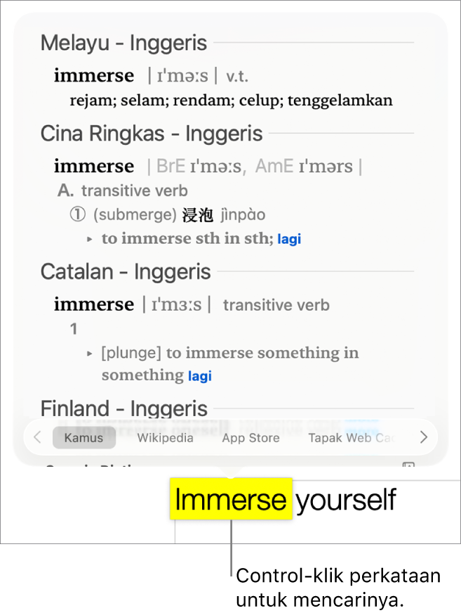 Teks dengan perkataan diserlahkan dan tetingkap menunjukkan definisinya dan entri tesaurus. Tiga butang di bahagian bawah tetingkap menyediakan pautan ke kamus, Wikipedia dan tapak web cadangan Siri.
