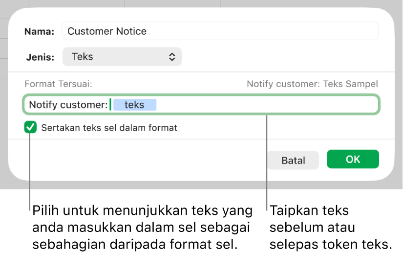 Format sel teks tersuai.