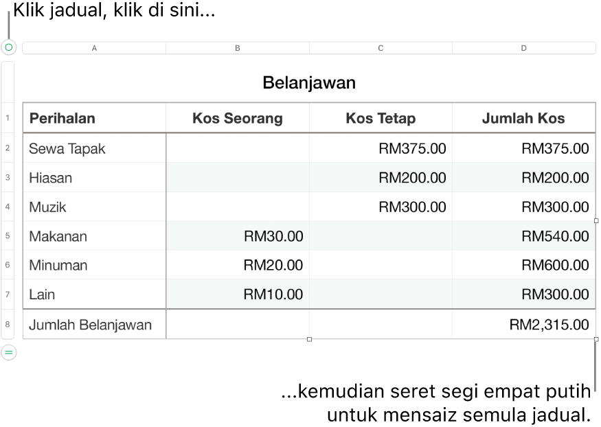 Jadual terpilih dengan segi empat putih untuk mensaiz semula.