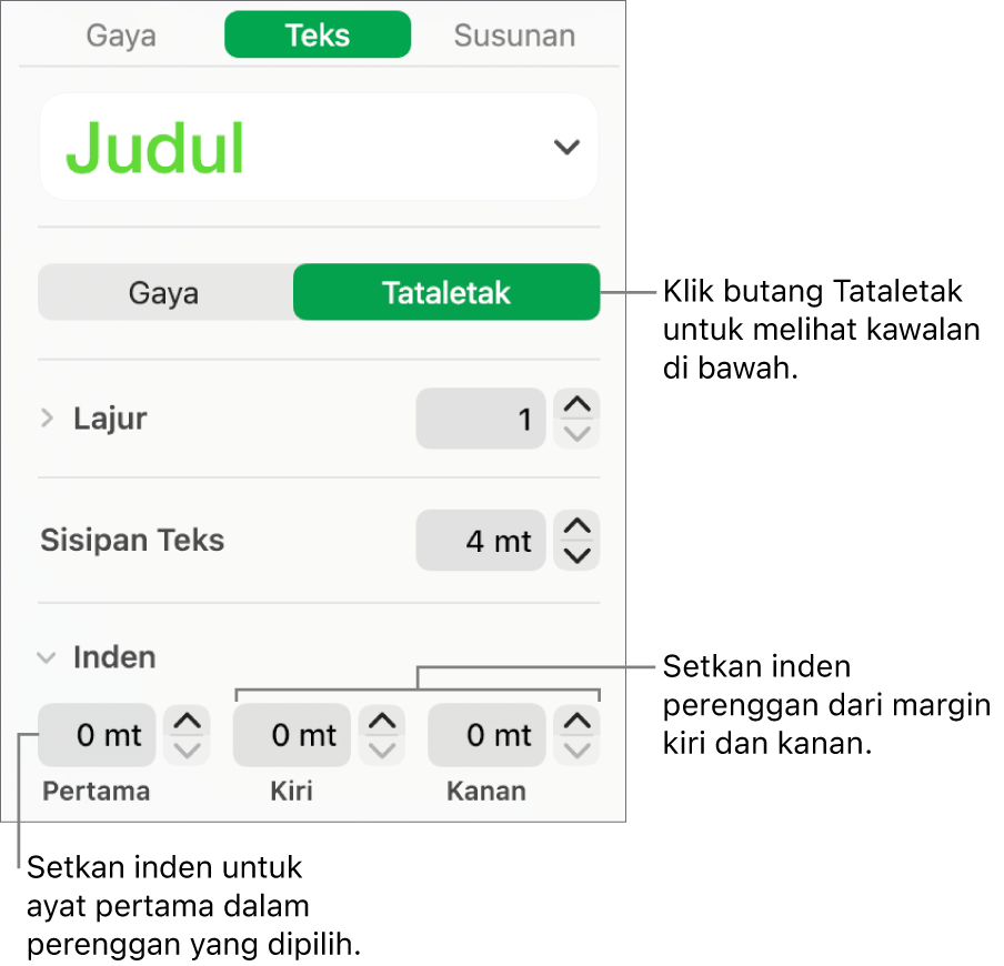 Bahagian Tataletak pada bar sisi Format menunjukkan kawalan untuk mengesetkan inden baris pertama dan margin perenggan.