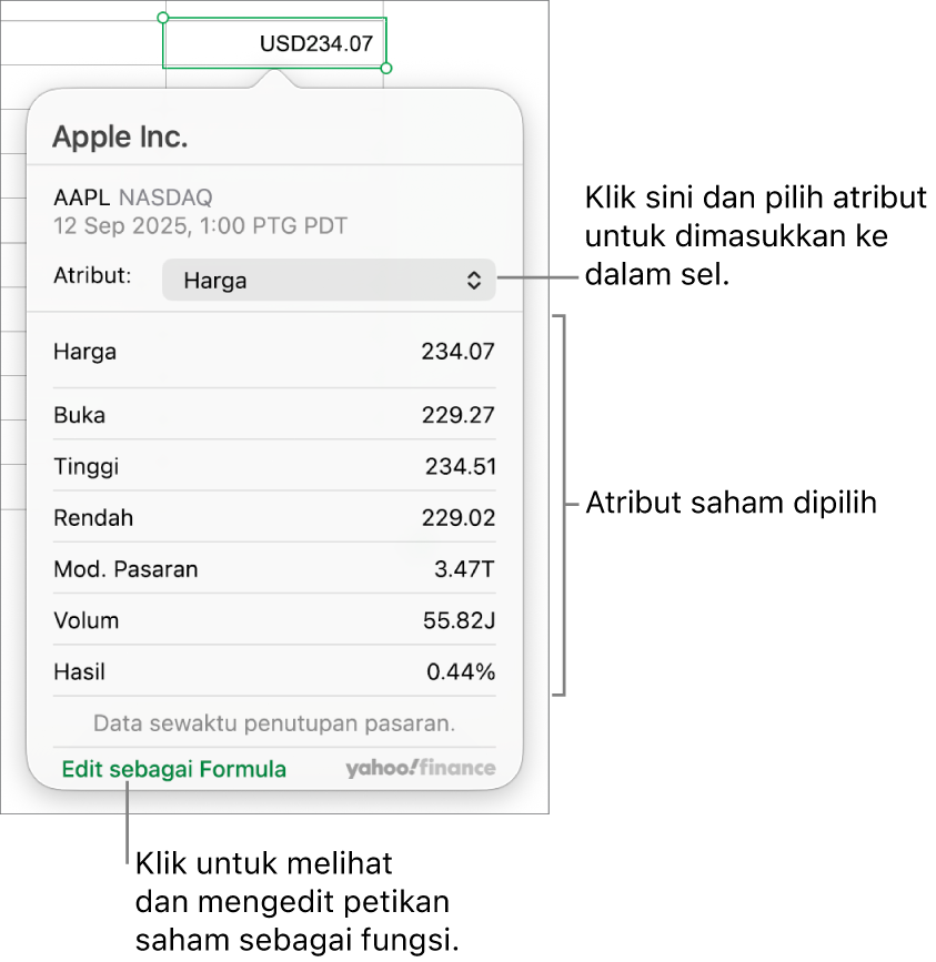 Dialog untuk memasukkan maklumat atribut saham, dengan Apple sebagai saham dipilih.