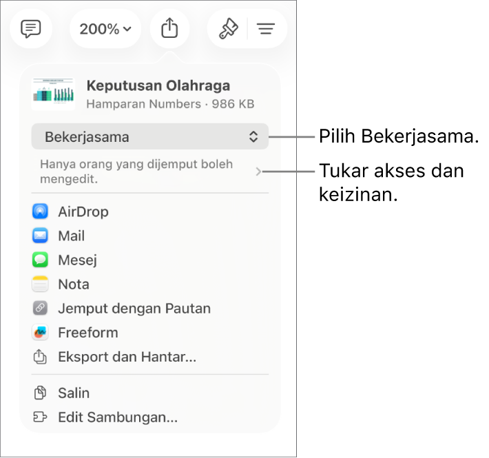 Menu Kongsi dengan Bekerjasama dipilih di bahagian atas dan seting akses serta keizinan di bahagian bawah.