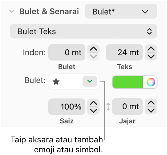 Bahagian Bulet & Senarai daripada bar sisi Format. Medan Bulet menunjukkan emoji bintang.