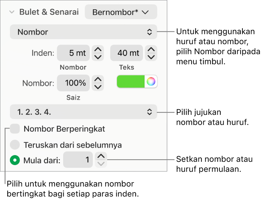 Kawalan untuk menukar gaya nombor dan jarak senarai.