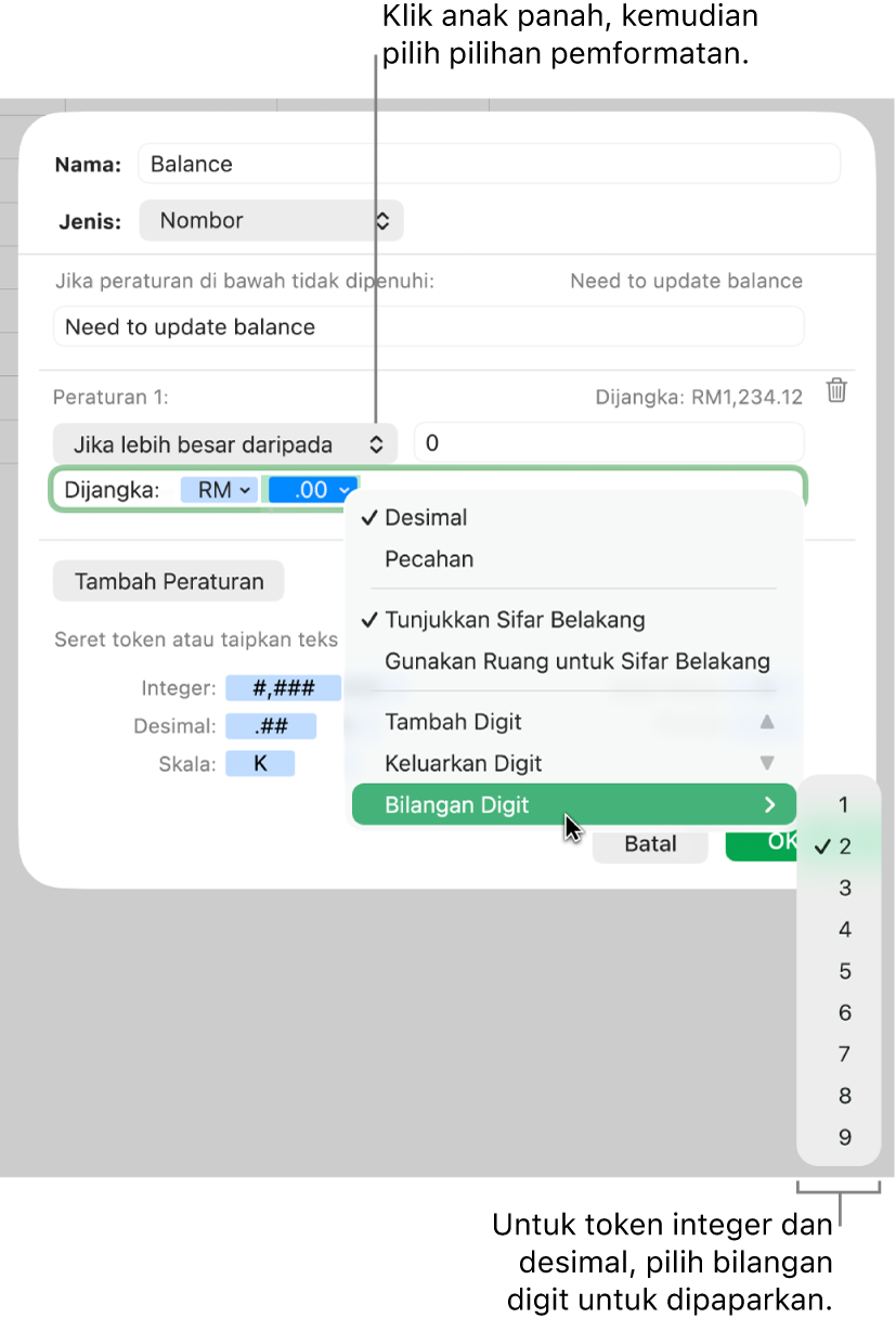 Tetingkap format sel tersuai dengan kawalan untuk memilih pilihan pemformatan tersuai.
