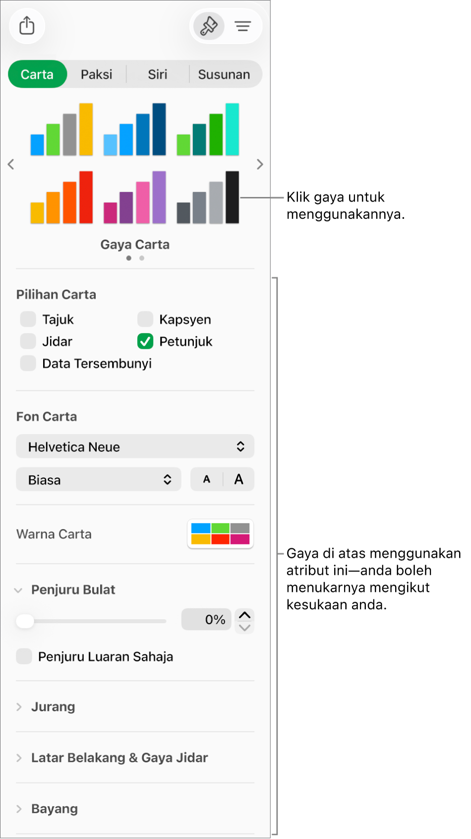 Bar sisi Pemformatan menunjukkan kawalan untuk memformat carta.
