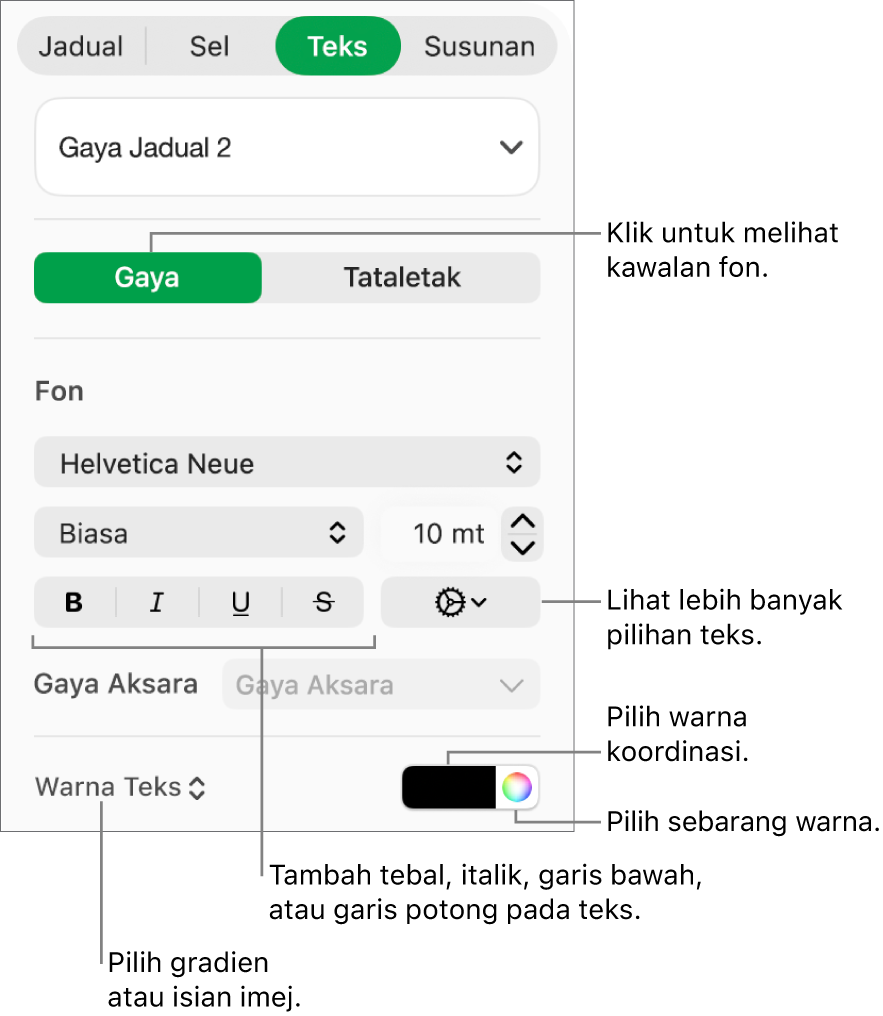 Kawalan untuk menggayakan jadual teks.