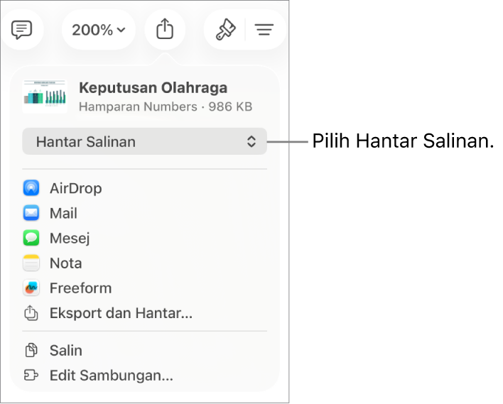 Menu Kongsi dengan Hantar Salinan dipilih di bahagian atas.