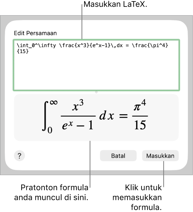 Formula kuadratik ditulis menggunakan LaTeX dalam medan Persamaan dan pratonton formula di bawah.