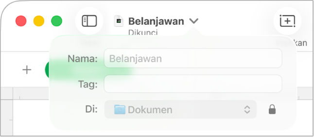 Menu timbul untuk mengunci atau membuka kunci hamparan.