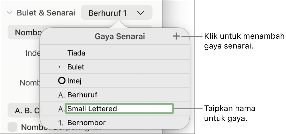 Menu timbul Gaya Senarai dengan butang Tambah di penjuru kanan atas dan nama gaya ruang letak dengan teksnya dipilih.