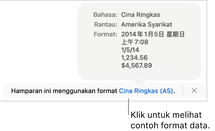 Pemberitahuan seting bahasa dan rantau berbeza, menunjukkan contoh format dalam bahasa dan rantau itu.
