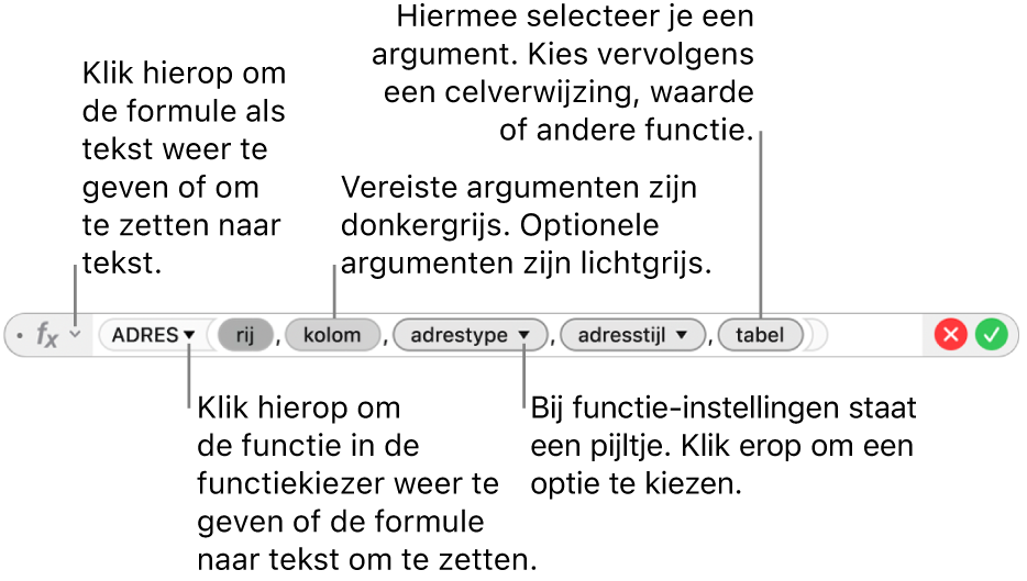 De formule-editor met de ADRES-functie en de bijbehorende argumenttokens.