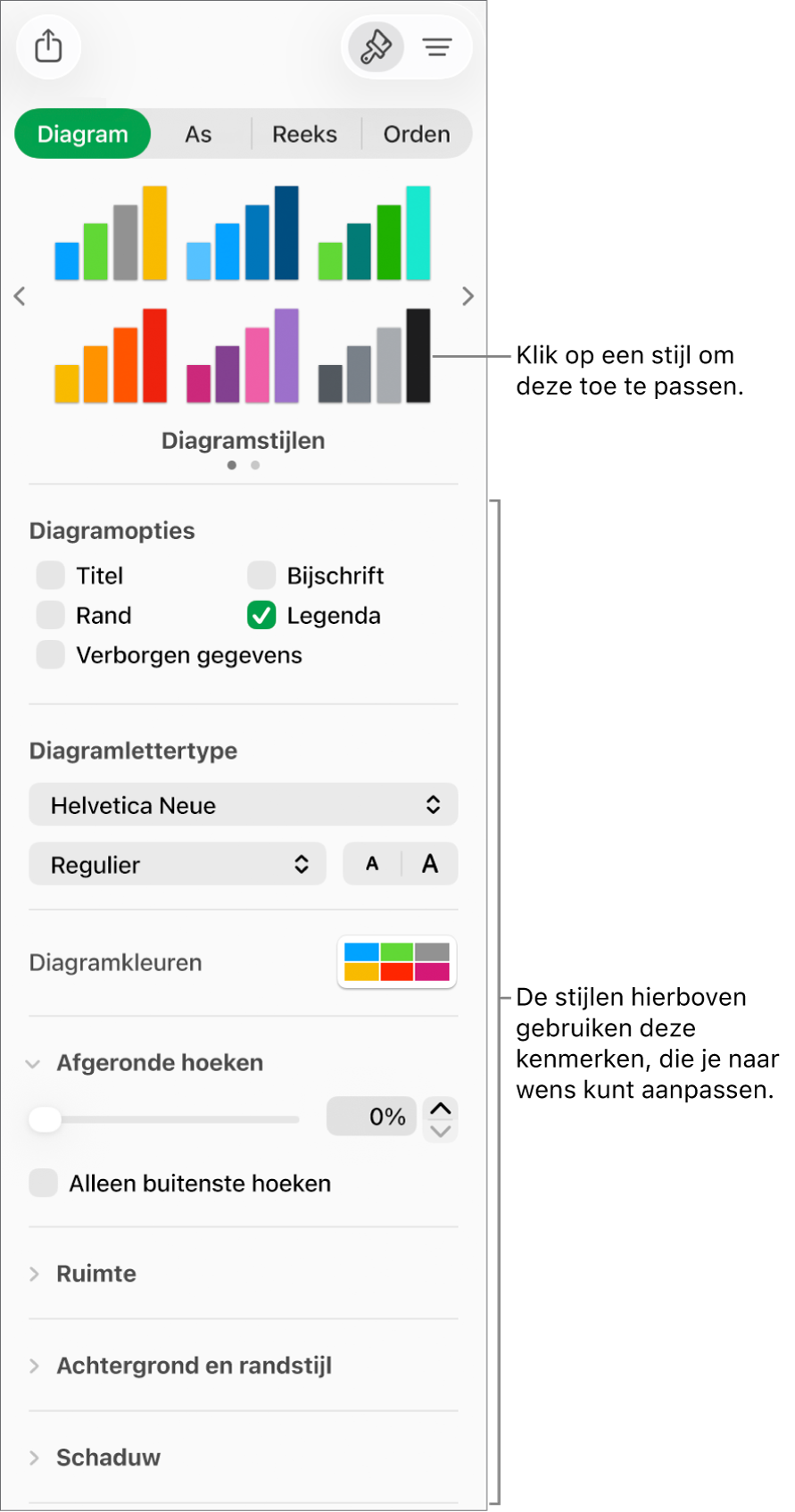 De navigatiekolom 'Opmaak' met de regelaars voor het opmaken van diagrammen.