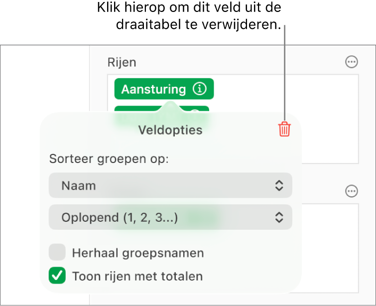 Het menu 'Veldopties', met de regelaars voor het groeperen en sorteren van gegevens, en de optie om een veld te verwijderen.