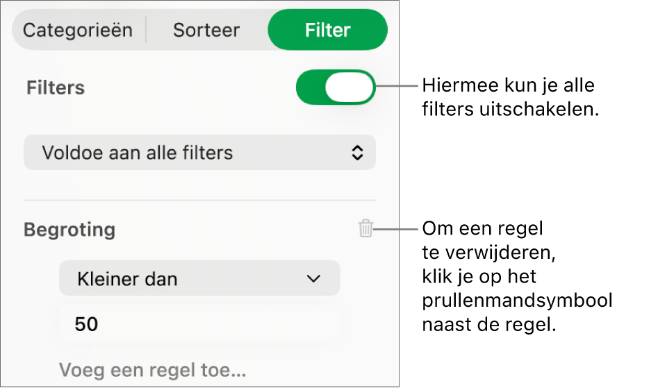 Regelaars voor het verwijderen van een filter of het uitschakelen van alle filters.