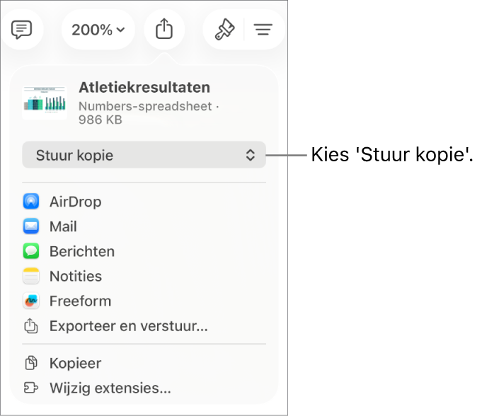 Het Deel-menu waarin bovenin 'Stuur kopie' is geselecteerd.