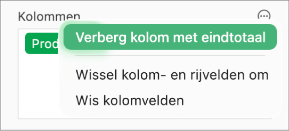 Het menu met meer veldopties, met de regelaars om eindtotalen te verbergen, kolom- en rijvelden om te wisselen en velden te wissen.