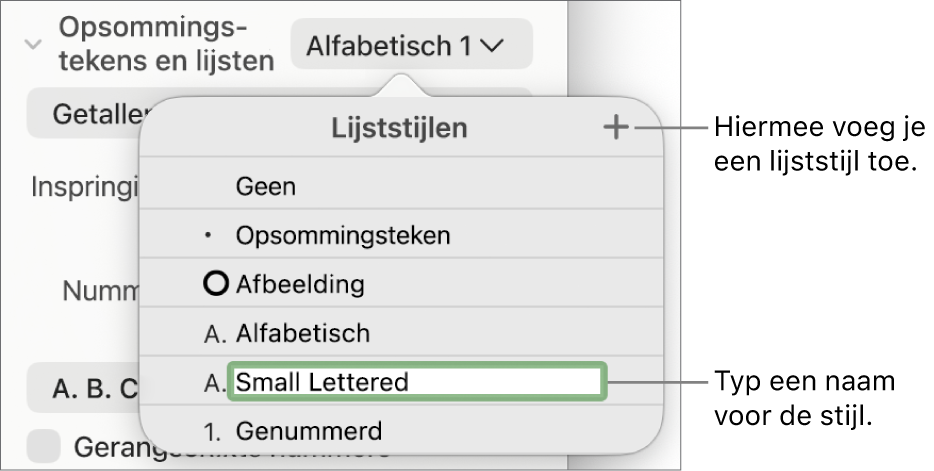 Het pop‑upmenu 'Lijststijlen' met een plusknop in de rechterbovenhoek en een tijdelijke stijlnaam waarvan de tekst geselecteerd is.