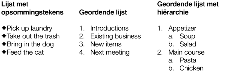 Voorbeelden van lijsten met opsommingstekens, geordende lijsten en geordende lijsten met een hiërarchie.