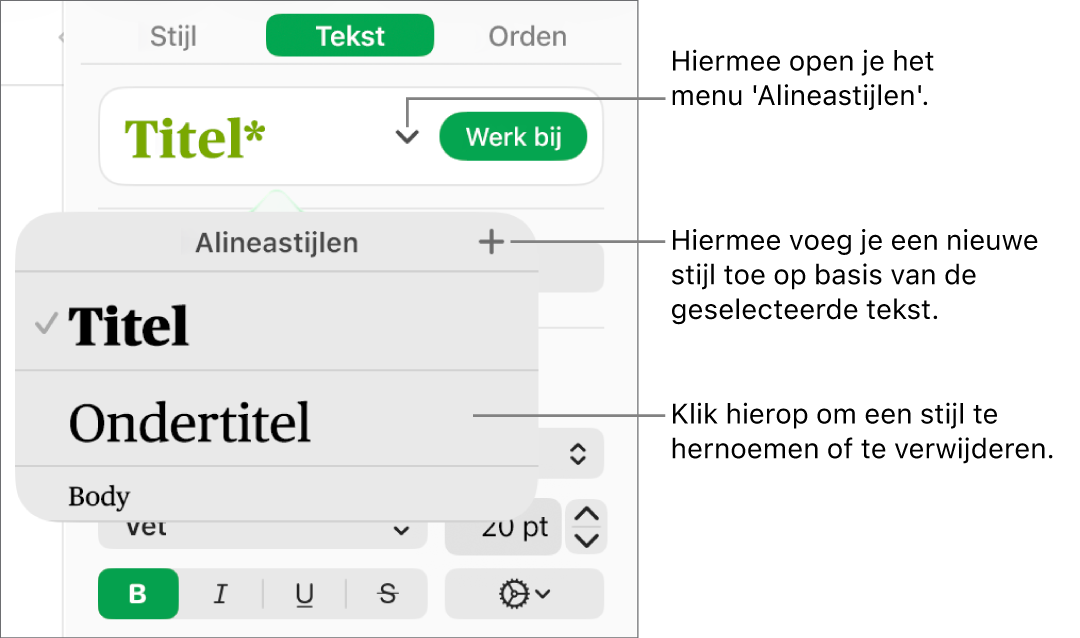 Het menu 'Alineastijlen' met regelaars voor het toevoegen of wijzigen van een stijl.