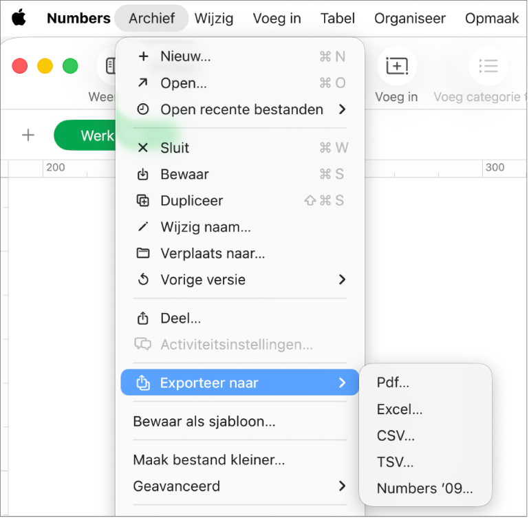 Geopend Archief-menu met de optie 'Exporteer naar' geselecteerd en in het submenu exportopties zoals 'Pdf', 'Excel' en 'CSV'.