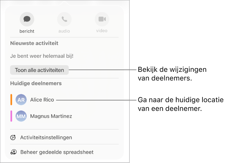Het samenwerkingsmenu met daarin de namen van twee huidige deelnemers.