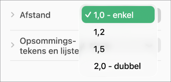 Het pop‑upmenu 'Afstand' met onder andere de opties 'Enkel' en 'Dubbel'.