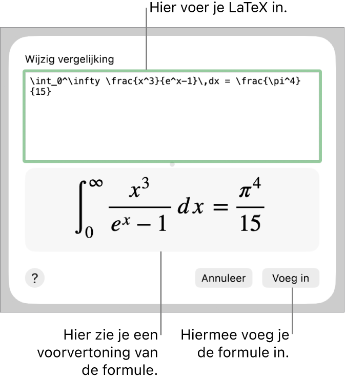 In het veld 'Vergelijking' staat een LaTeX-wortelformule, met daaronder een voorvertoning van de formule.