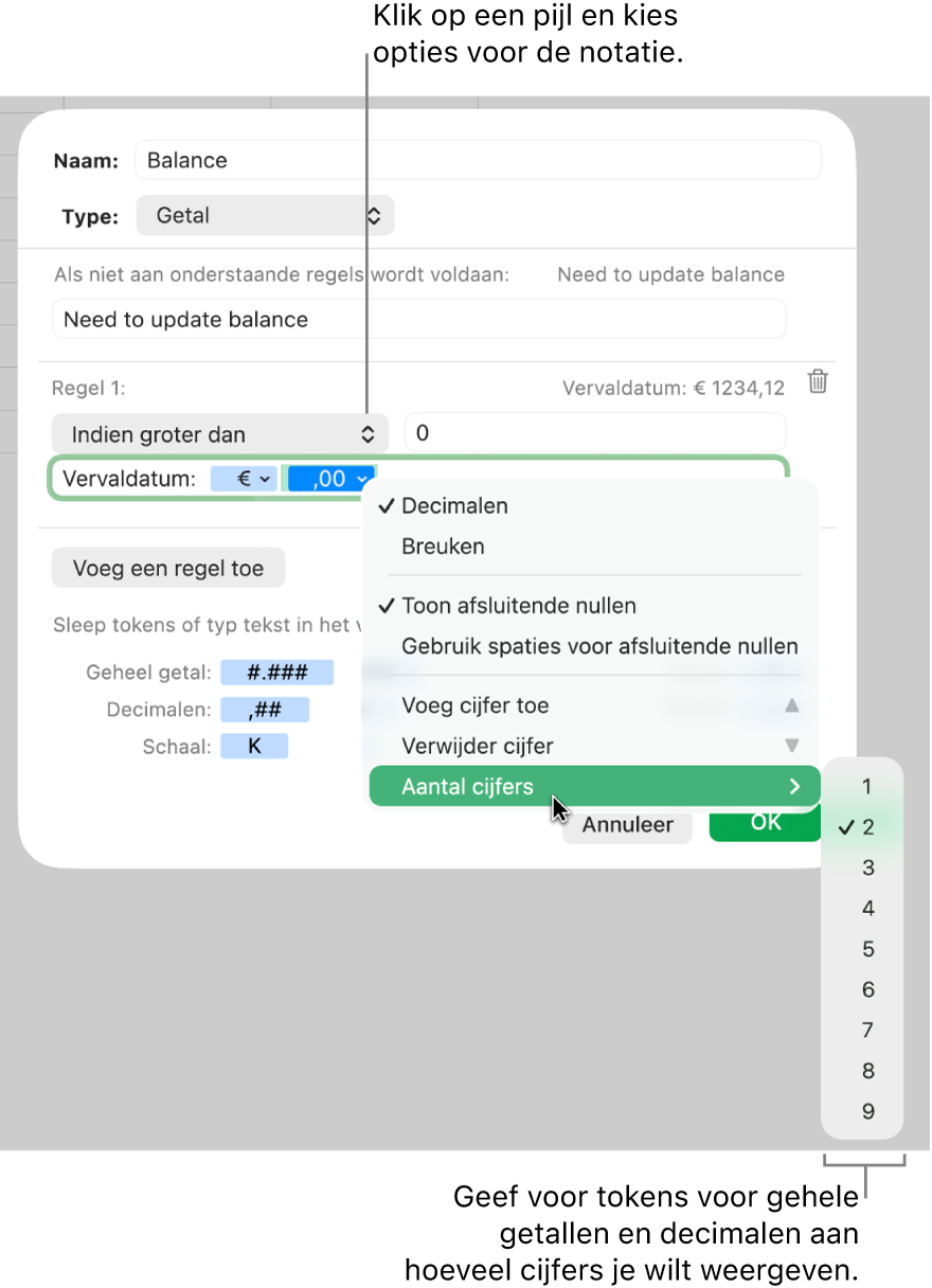 Het venster voor aangepaste celnotatie met regelaars voor aangepaste notatie-opties.