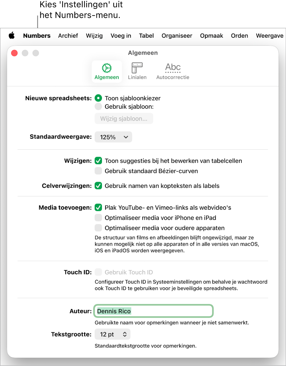 Het paneel 'Algemeen' in het instellingenvenster van Numbers met instellingen voor nieuwe spreadsheets, standaardweergave, wijzigen, celverwijzingen, vergelijkingen, toevoegen van media, Touch ID, auteursnaam en standaardtekstgrootte.