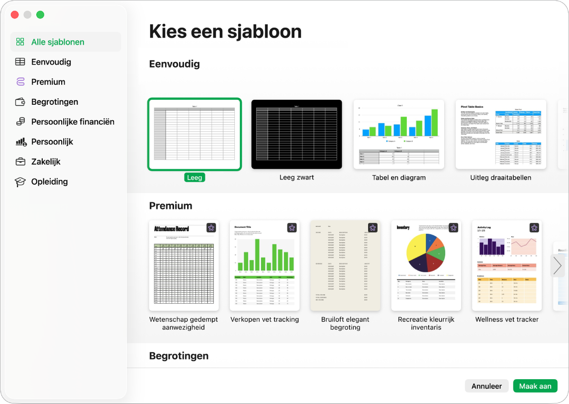Het Numbers-venster met het Deel-menu met opties voor het versturen van een kopie van de spreadsheet of voor het exporteren en versturen in een andere structuur.