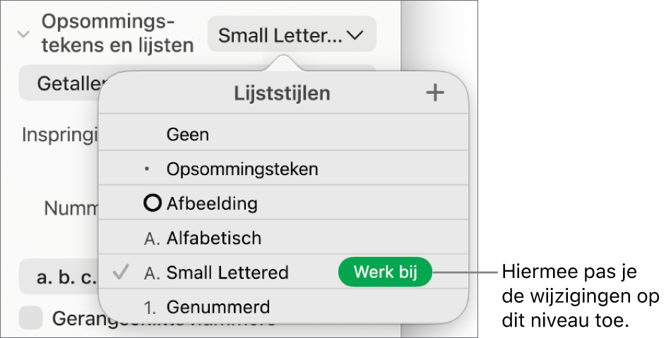 Het pop‑upmenu 'Lijststijlen' met een knop 'Werk bij' naast de naam van de nieuwe stijl.