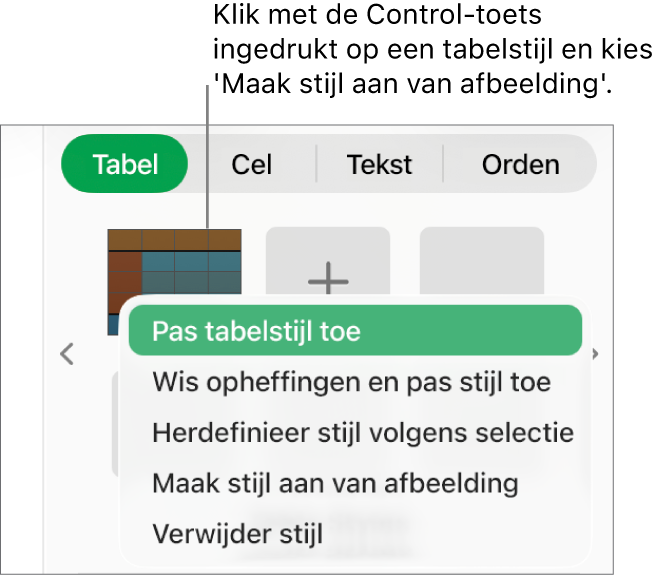 Het contextuele menu voor tabelstijlen.