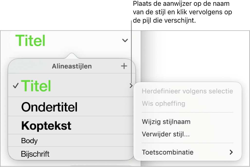 Het menu 'Alineastijlen' met het contextuele menu geopend.