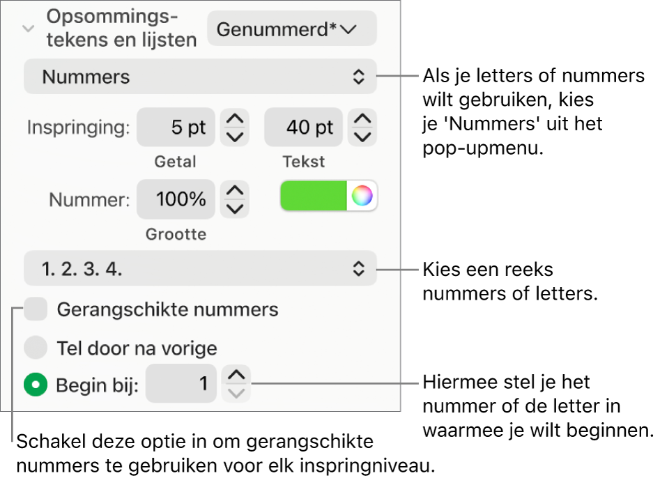 Regelaars voor het wijzigen van de nummeringsstijl en de afstand voor een lijst.