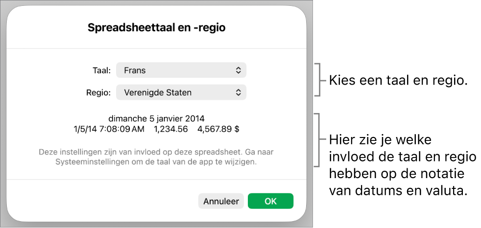 Paneel met regelaars voor de taal en regio en een voorbeeld van de notatie van datum, tijd, decimaalteken en valuta.
