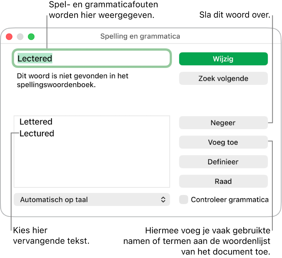 Het venster 'Spelling en grammatica'.