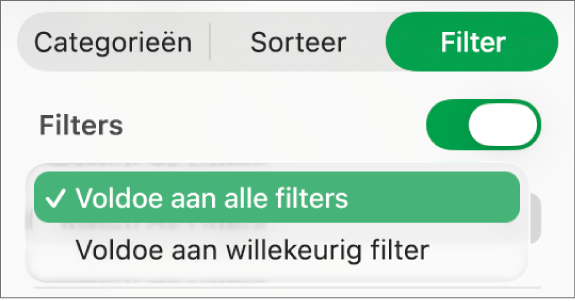 Het pop‑upmenu om te kiezen of alleen rijen worden weergegeven die voldoen aan alle filters, of alle rijen die aan minimaal een van de filters voldoen.