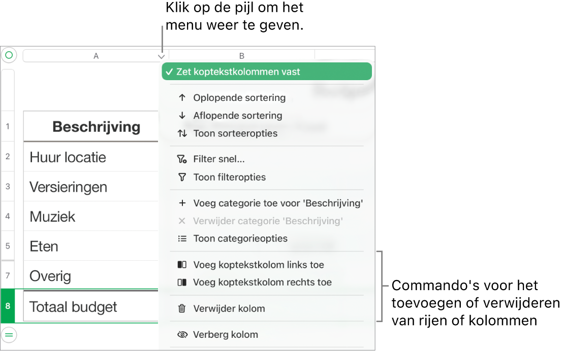 Het tabelkolommenu met commando's voor het toevoegen of verwijderen van rijen en kolommen.