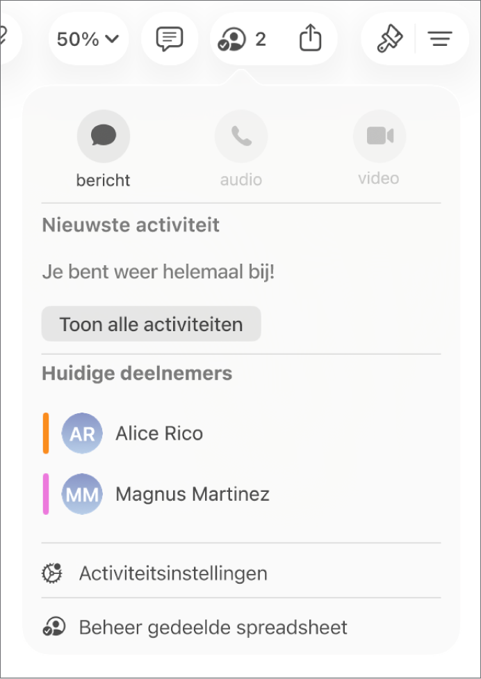 Het samenwerkingsmenu met daarin de namen van mensen die samen aan de spreadsheet werken.