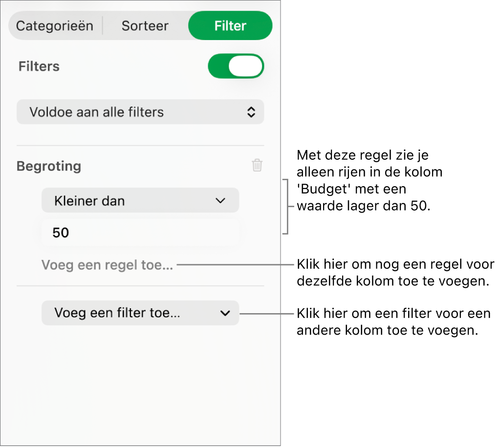 Regelaars voor het aanmaken van filterregels.