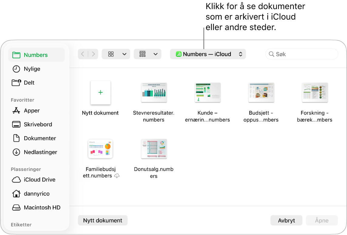 Åpne-dialogruten med sidepanelet åpent på venstre side og iCloud Drive valgt i lokalmenyen øverst. Mapper for Keynote, Numbers og Pages vises i dialogruten sammen med en Nytt dokument-knapp.