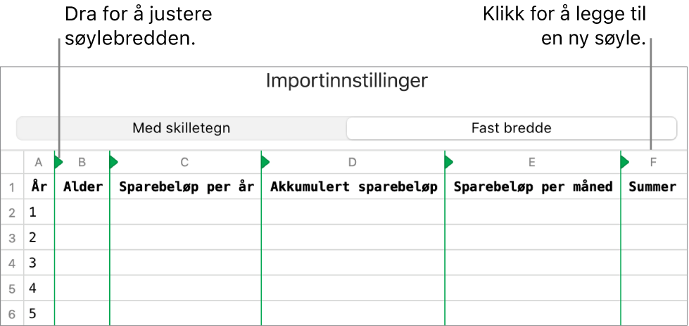 Importinnstillingene for en tekstfil med fast bredde.