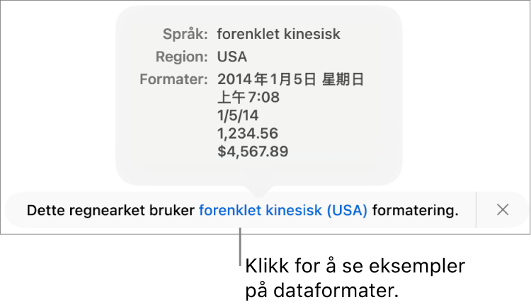 Varsling som viser en annen språk- og regionsinnstilling, med eksempler på formatering for det språket og den regionen.