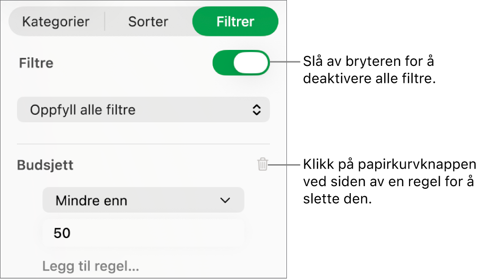 Kontroller for å slette et filter eller slå av alle filtre.