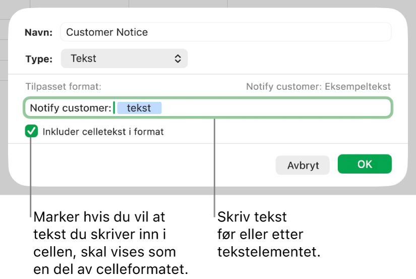 Tilpasset tekstcelleformat.