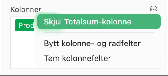 Flere feltvalg-menyen, med kontroller for å skjule totalsummer, bytte kolonne- og radfelter og tømme felter.
